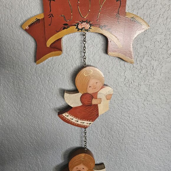 Angel Wood Wall Hanging Hand Painted Tole Vtg Christmas JOY Angels Handmade - Picture 3 of 14